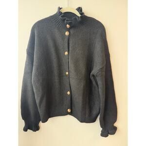 Merokeety Black Cardigan Sweater – Ruffle Neck & Cuffs, Gold Buttons Small | NWT